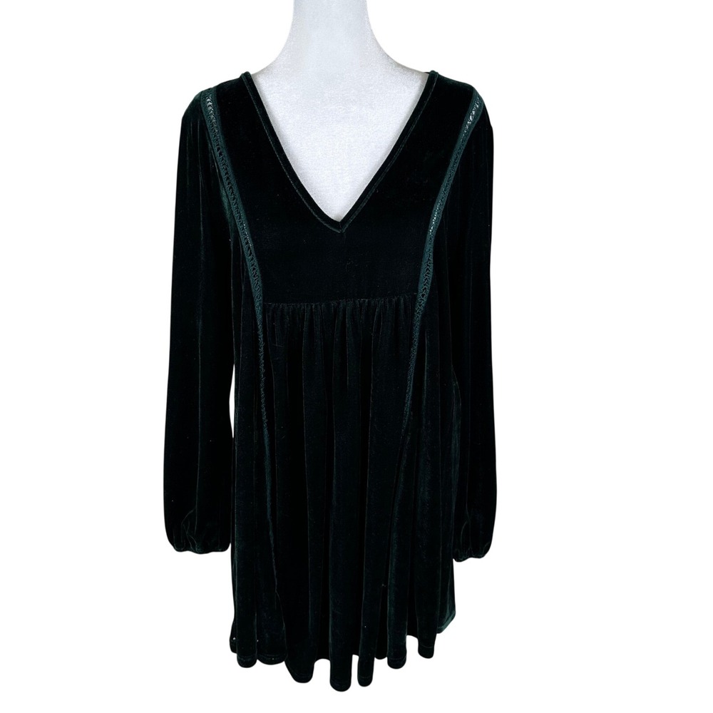 Rusttydustty Velvet Mini Dress Women S Green Boho Whimsigoth Babydoll V-Neck L/S